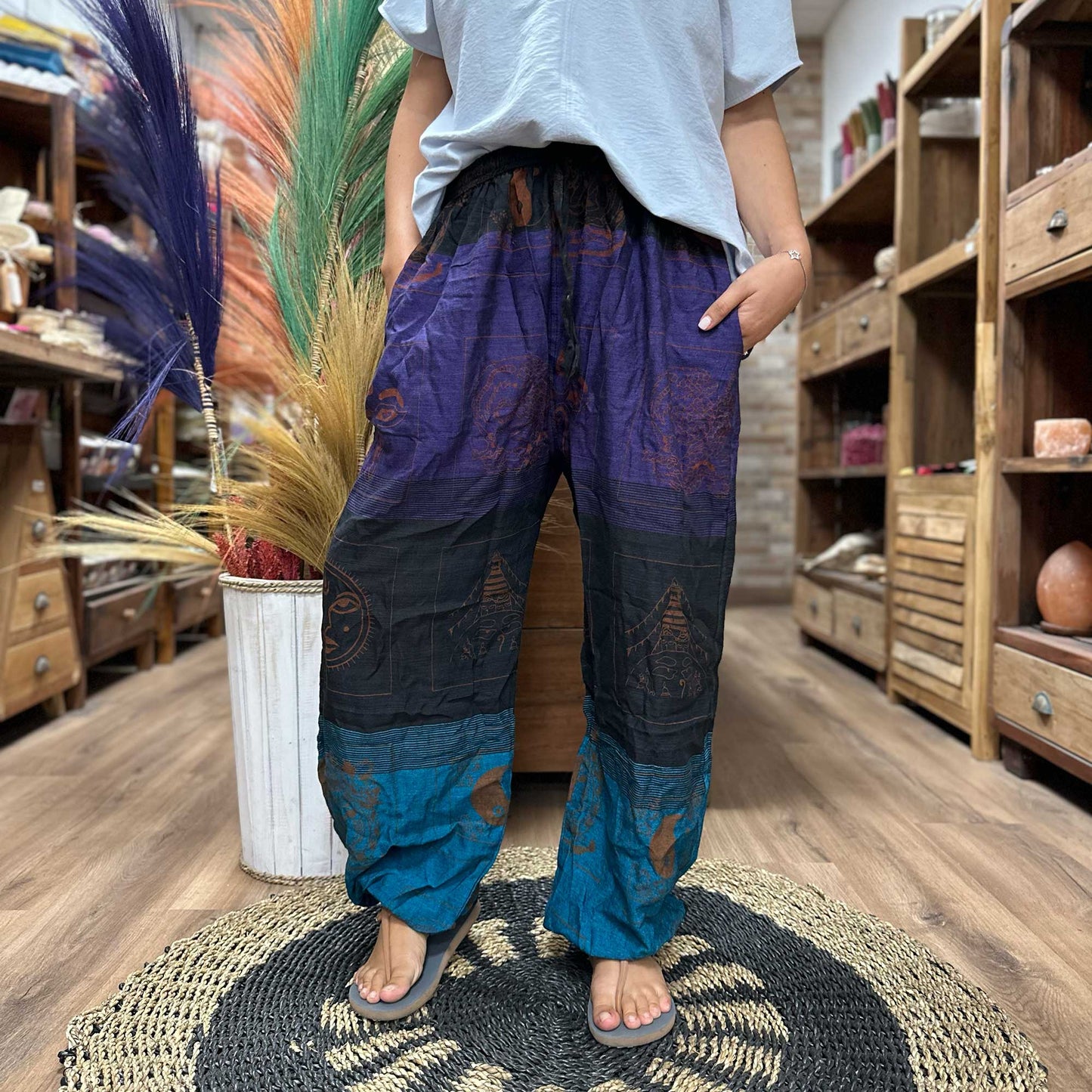 Yoga and Festival Pants | High Cross Pants | Himalayan Print on Purple | Boho | Bohostyle | Cotton