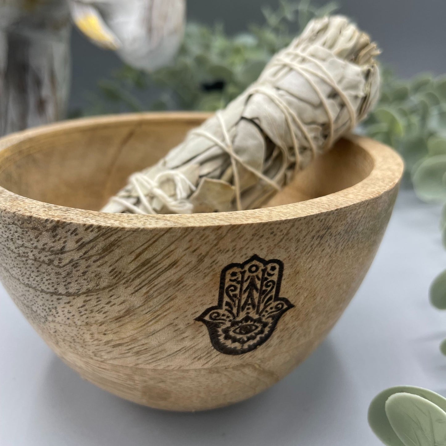 Wooden Smudge / Smoke Cleansing  and Ritual Offering Bowl | Hand of Hamsa Engraving