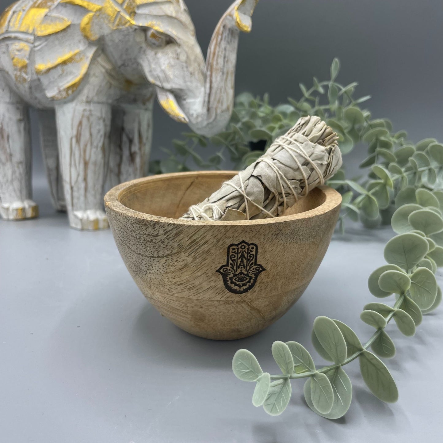 Wooden Smudge / Smoke Cleansing  and Ritual Offering Bowl | Hand of Hamsa Engraving