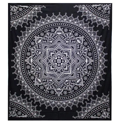 B&W Double Cotton Bedspread + Wall Hanging - Multiple Designs Lotus Flower