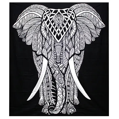 B&W Double Cotton Bedspread + Wall Hanging - Multiple Designs Elephant