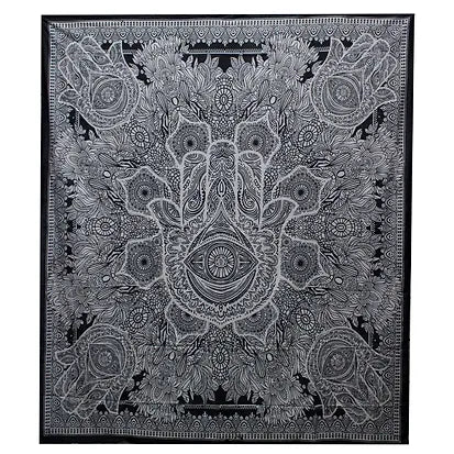 B&W Double Cotton Bedspread + Wall Hanging - Hand of Hamsa