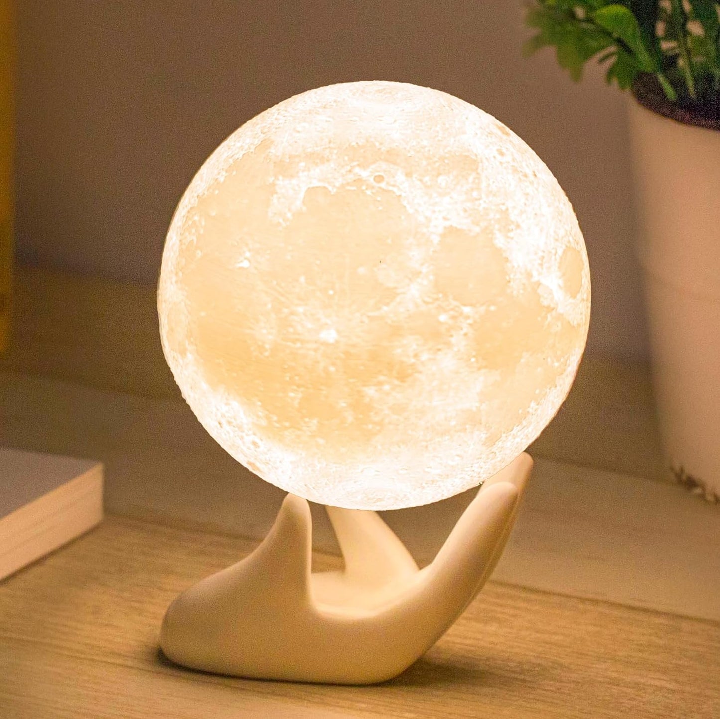 Mydethun Moon Lamp | 3.5 Inch |3D Printed Lunar Lamp | Moon Light | Night Lights for Kids | Home Decor | Gifting | Ceramic Hand Base | Touch Control Brightness - White & Yellow