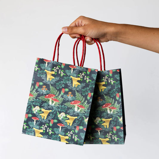 8 x Mushroom Themed Strong Gift Bags with Handles for Xmas Presents | Festive Wrapping for Adults or Kids | Woodland Forest Design | Made by Talking Tables | Height = 19cm