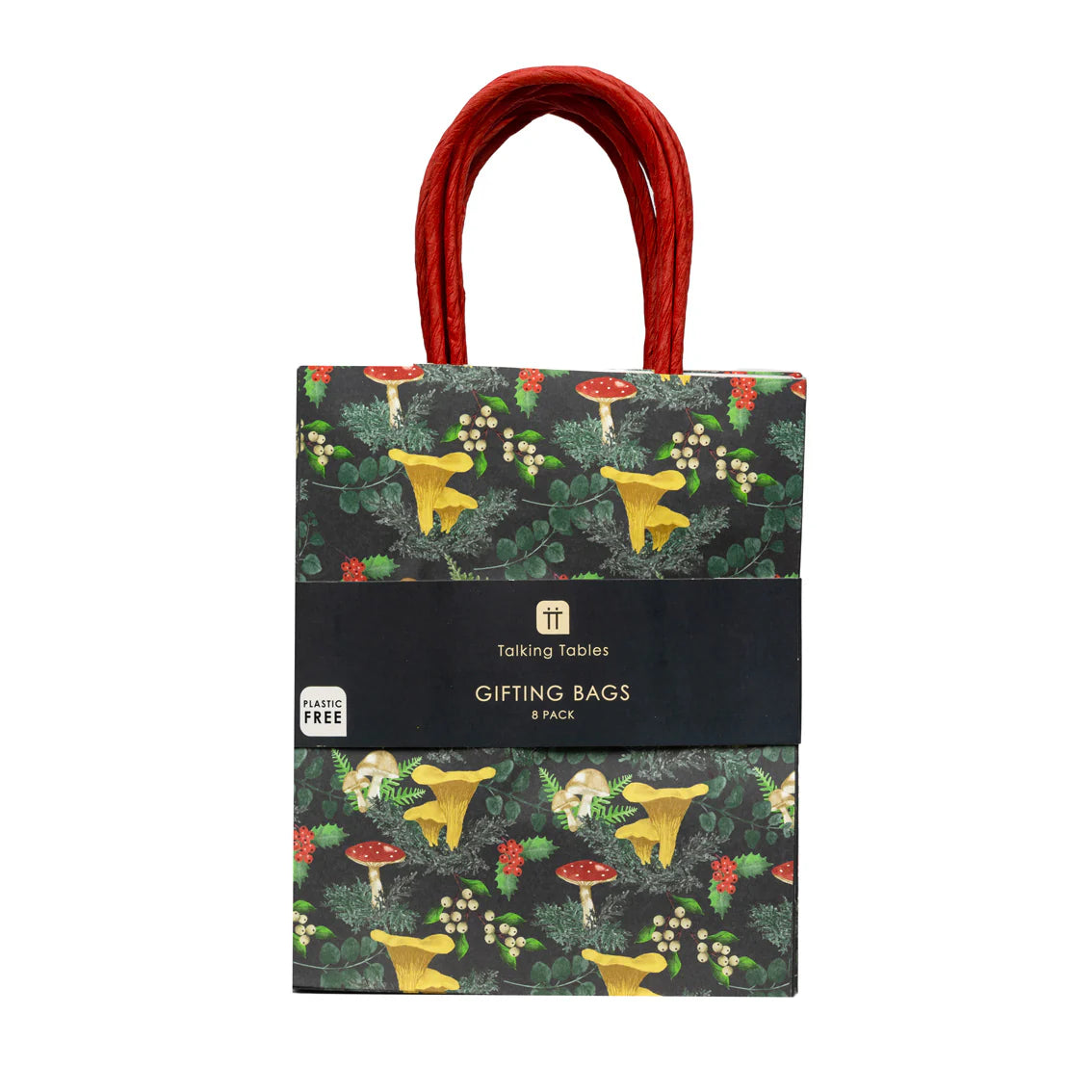 8 x Mushroom Themed Strong Gift Bags with Handles for Xmas Presents | Festive Wrapping for Adults or Kids | Woodland Forest Design | Made by Talking Tables | Height = 19cm