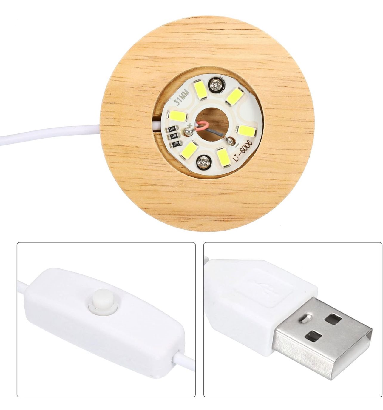 LED USB Lights Display Base Wooden | Crystal Sphere Round Holder | Display Stand for 3D Glass Resin Art