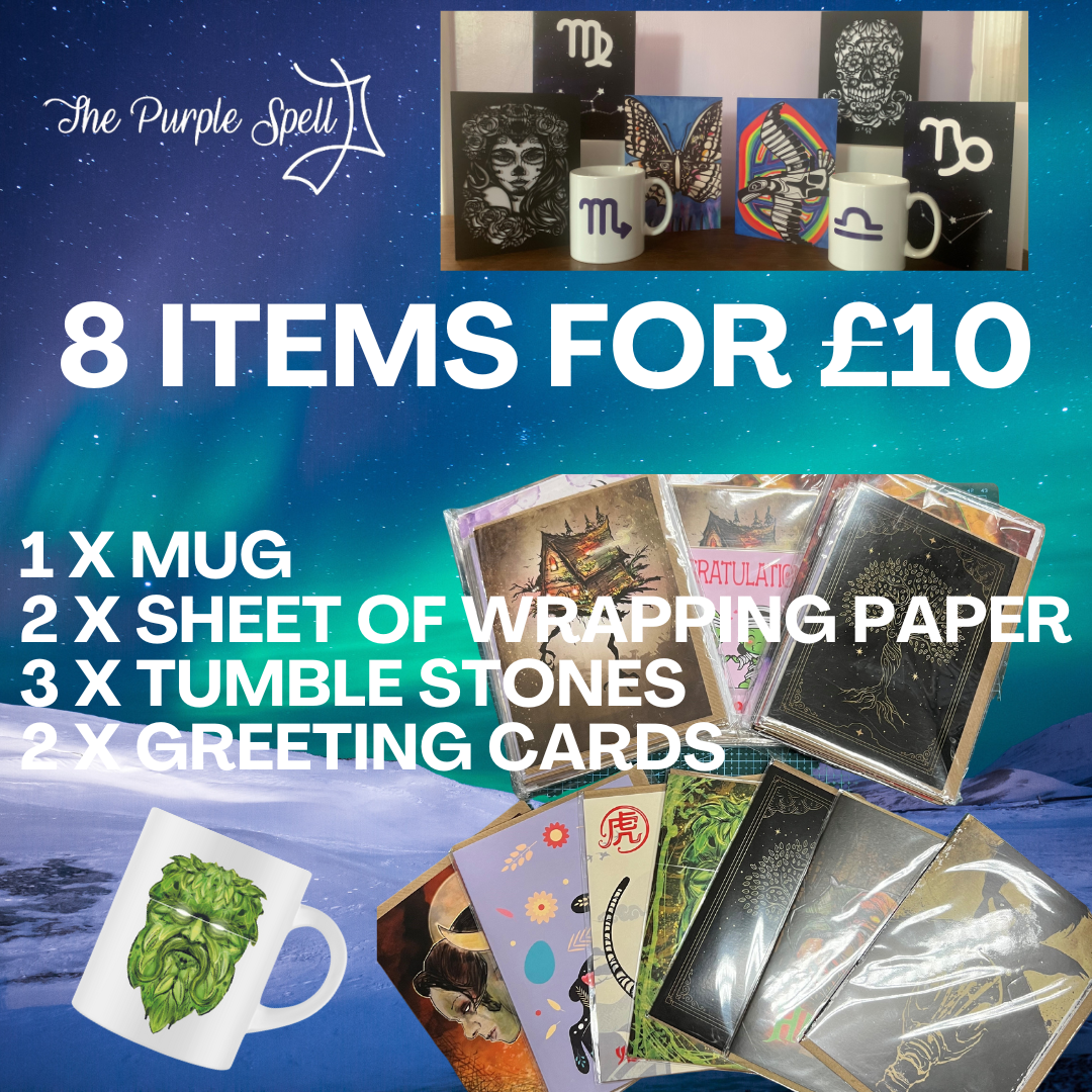 Alternative Box | 8 items for £10 | Mug | Tumble Stones | Wrapping Paper | Greetings Cards | Mystery Box