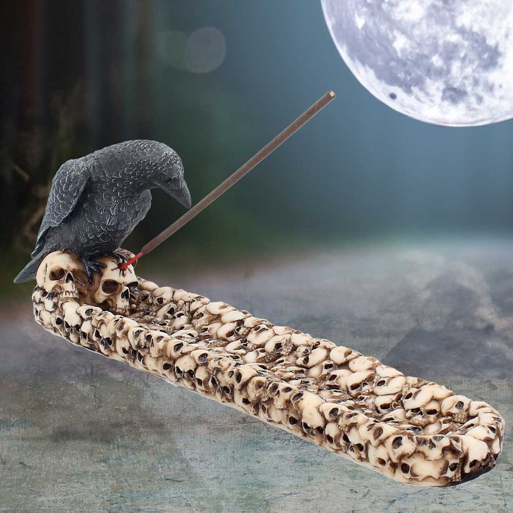 Raven Perched On A Skull Incense Holder | 25cm | Incense Stick Holder